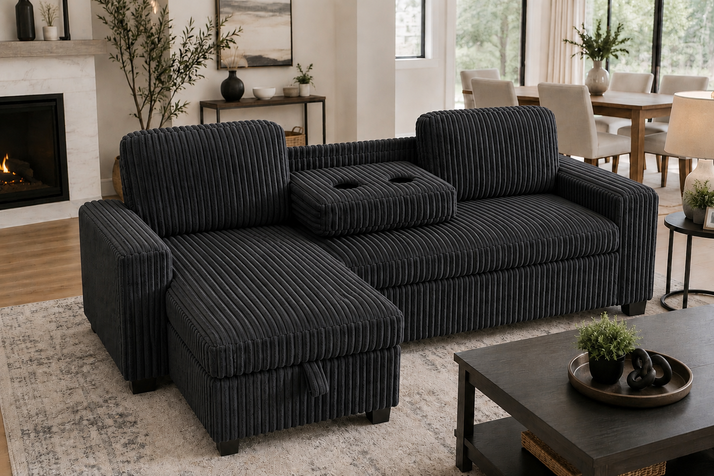 HR10001 Black Corduroy Pull Out Sectional Sofa Bed with storage chaise and cup holder console.