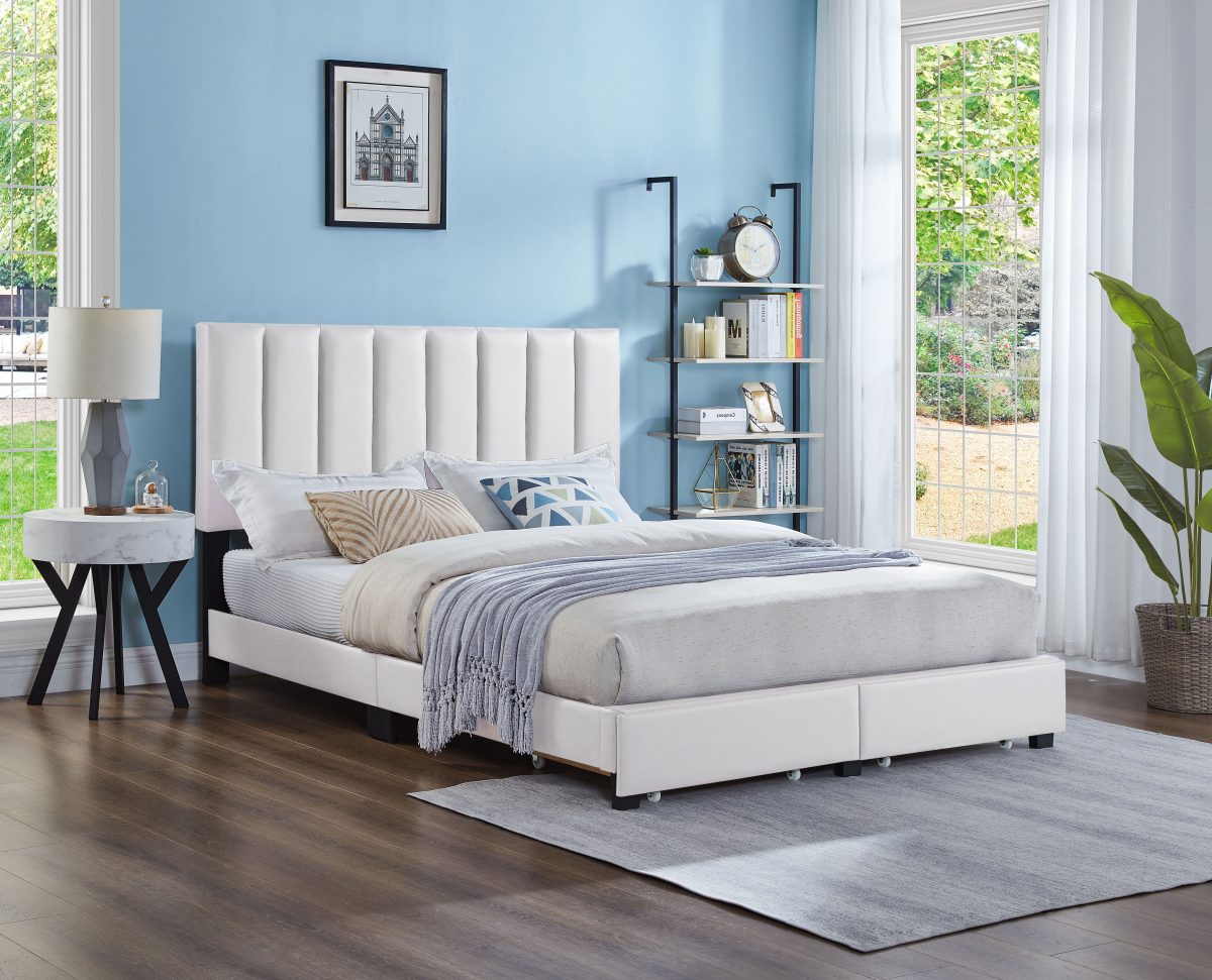 HR2120 Storage Platform Bed in White Leatherette with adjustable tufted headboard and two front storage drawers.