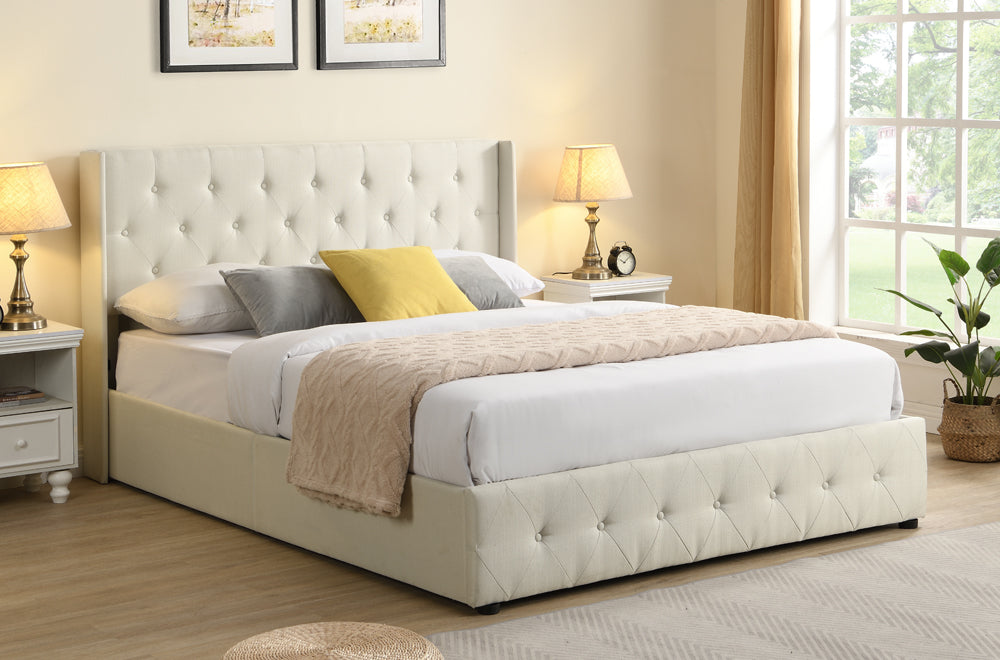 HR2162 Hydraulic Storage Platform Bed in Off-White Linen with button-tufted wingback headboard and hydraulic lift-up storage.