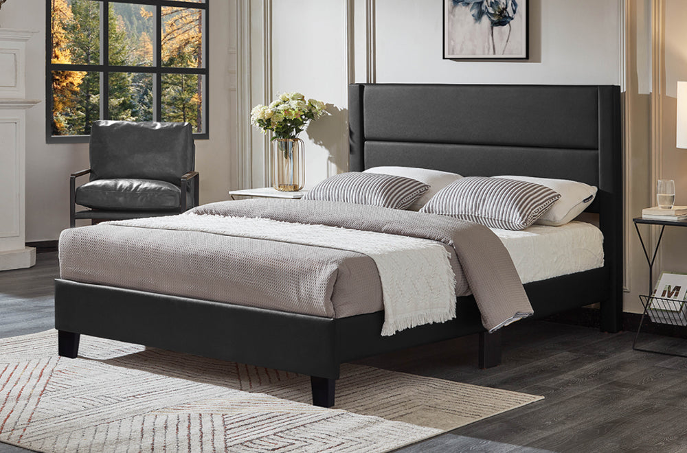 HR2175 black leatherette platform bed with deep horizontal channel tufted headboard
