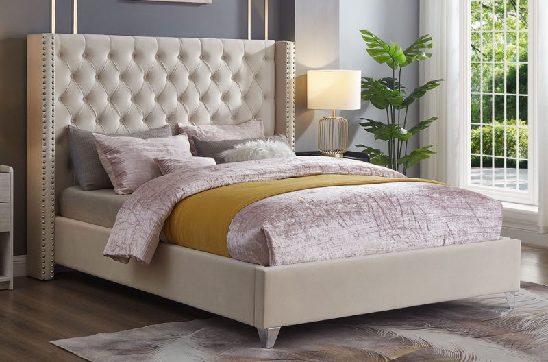 HR2380 Luxury Velvet Platform Bed in Off-White with a deep button-tufted wingback headboard, decorative nailhead trim, and chrome accent legs.