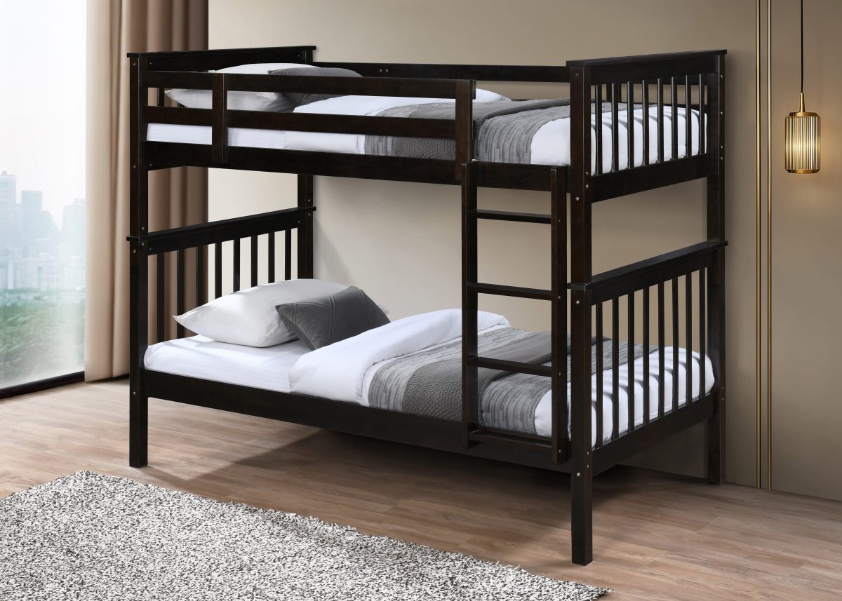 HR2500 single over single wooden bunk bed in brown finish with integrated ladder and safety guardrails