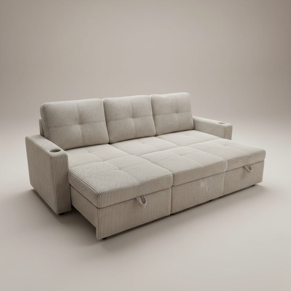 HR2510 modern pull-out sleeper sofa with built-in cup holders in beige corduroy fabric
