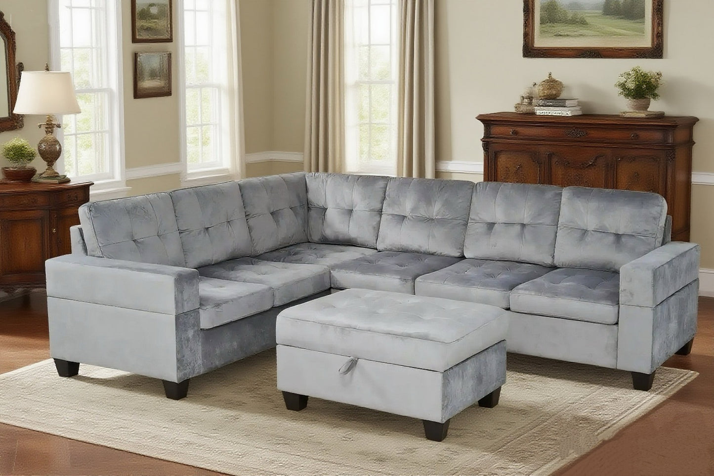HR2595 contemporary grey velvet L-shaped sectional sofa with chaise