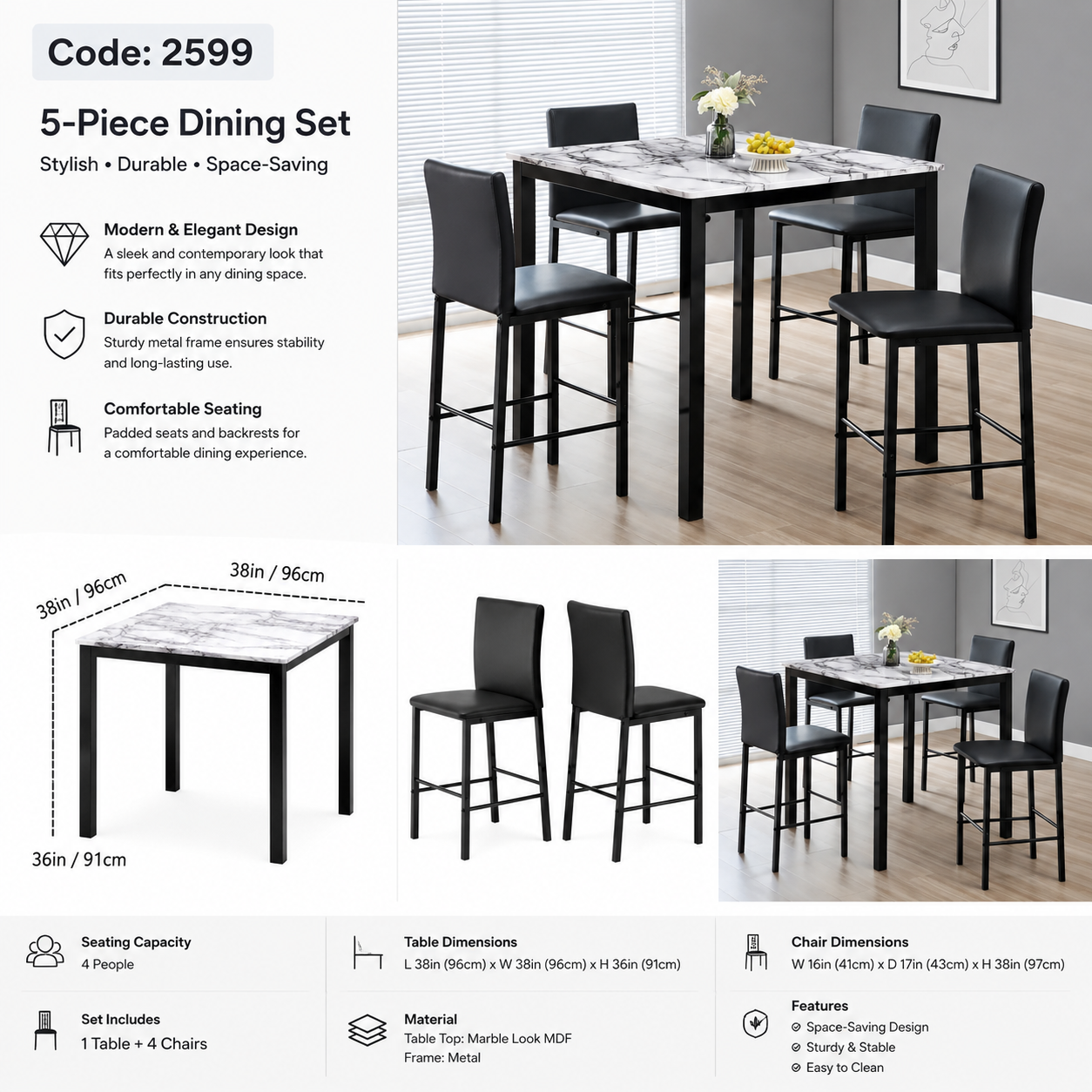 HR2599 Modern Counter Height 5-Piece Dining Set
