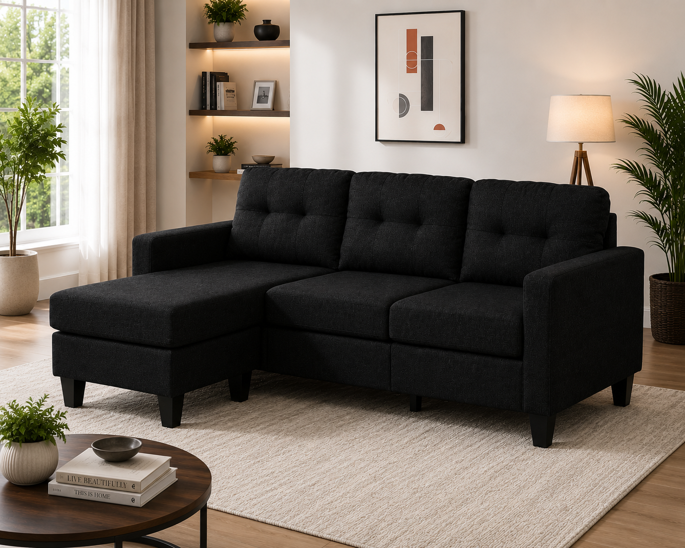 HR30002 Black Linen Fabric L-Shaped Sectional Sofa with matching ottoman and high-density foam cushions.