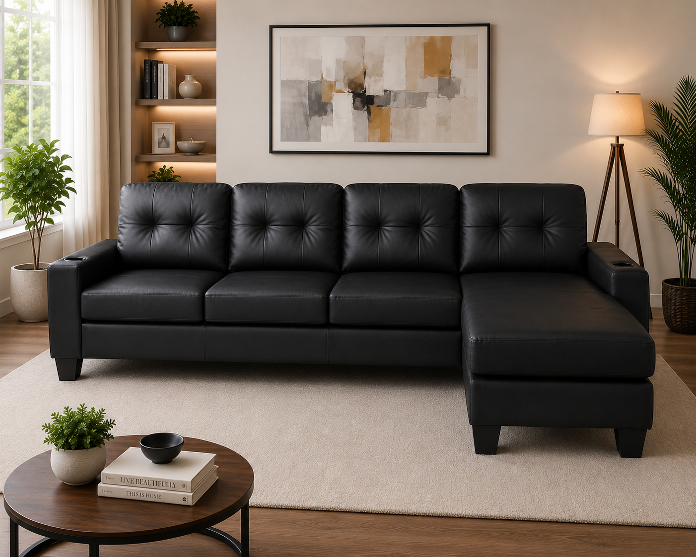 HR30004 Black PU Leather L-Shaped Sectional Sofa with chaise and built-in cup holders.