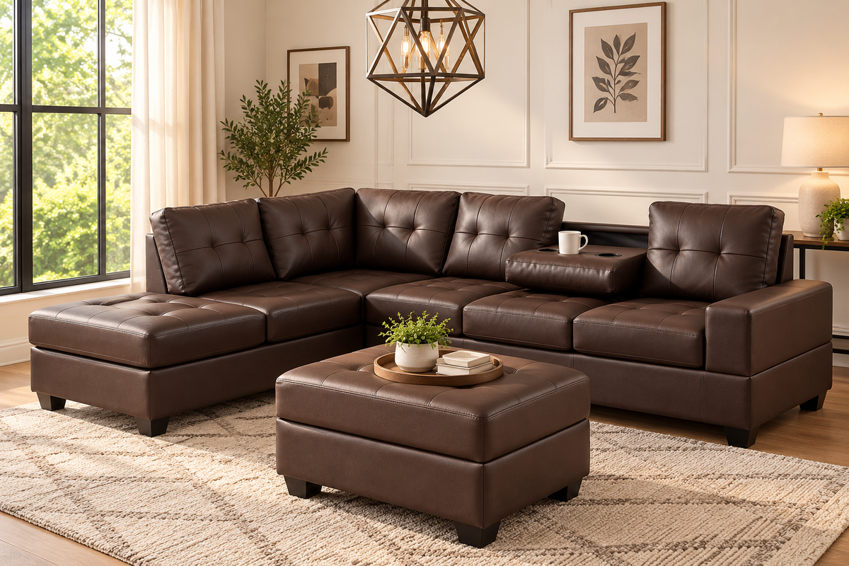 HR9992 Brown Faux Leather Reversible Sectional Sofa with storage ottoman and cupholder.