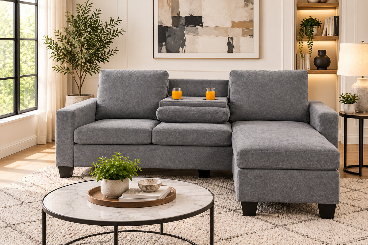 HR9993 Grey Compact Fabric Reversible Sectional Sofa with drop-down console and cup holders.