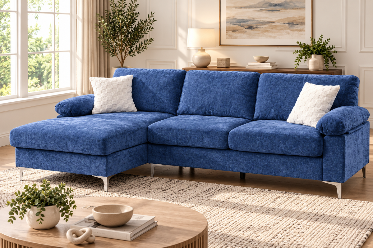 HR9999 Modern Blue Fabric Sectional Sofa with left-facing chaise and metal legs.