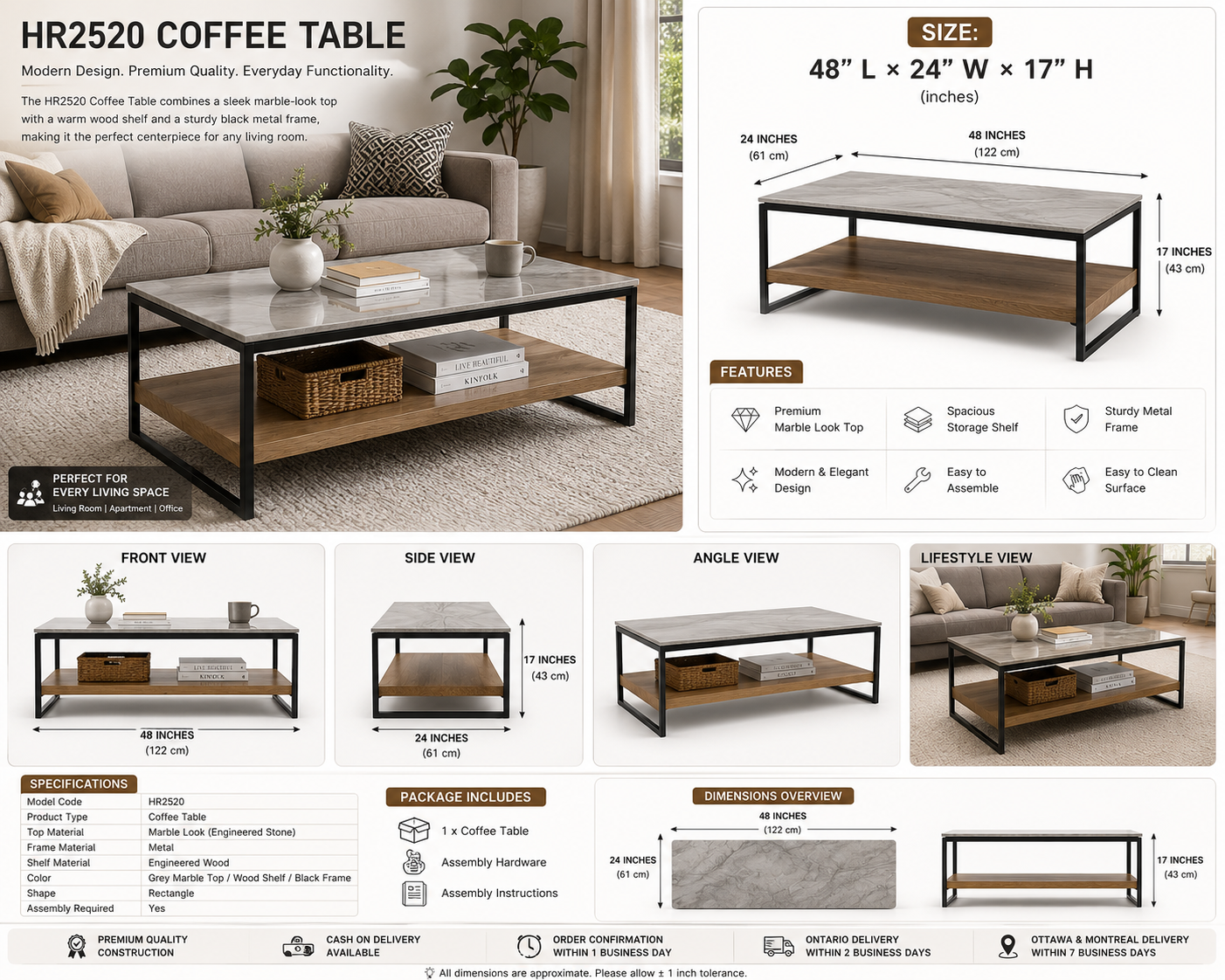 HR2520 Modern Coffee Table with Storage Shelf