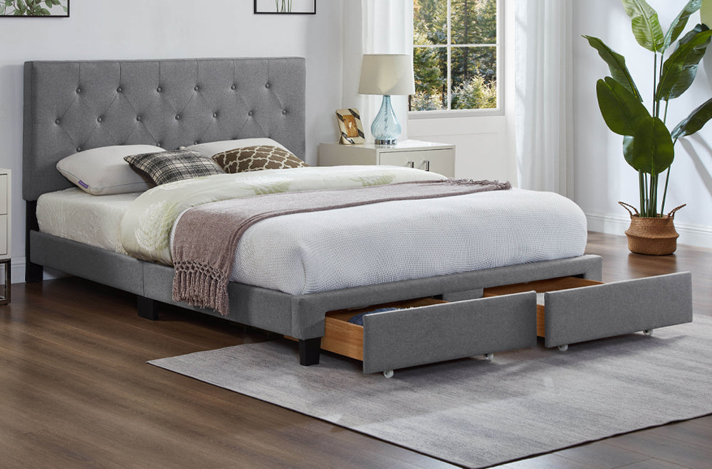 HR2125 Charcoal Linen Storage Platform Bed showing two spacious front storage drawers.