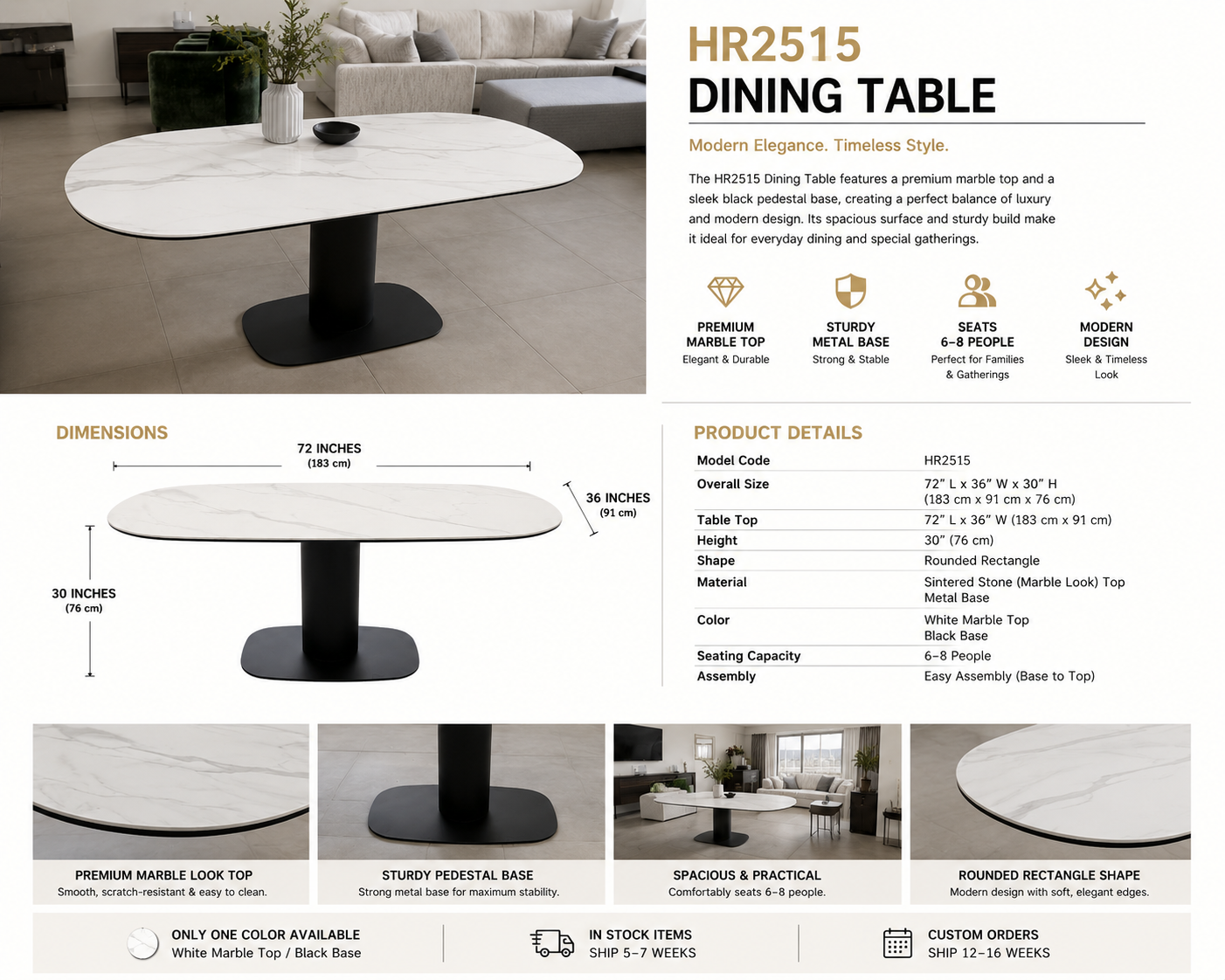 HR2515 Premium Marble Dining Table