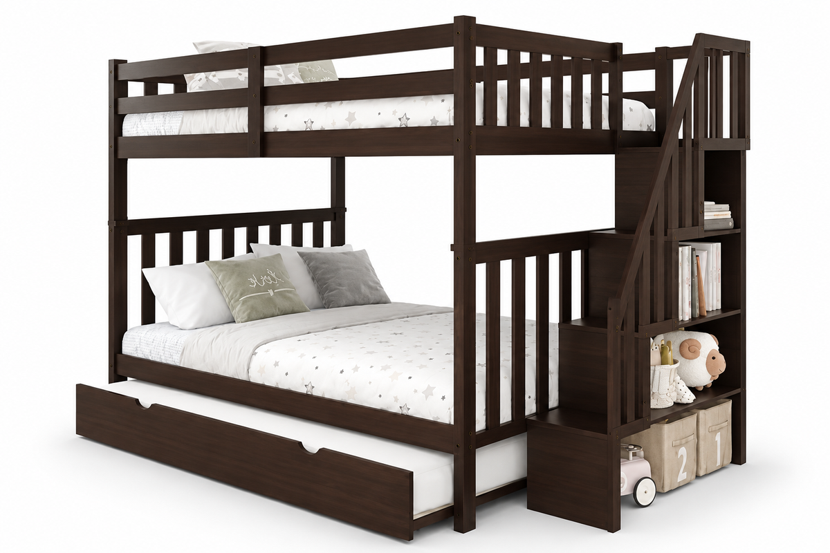 HR2595 Double Over Double Wooden Bunk Bed with Trundle