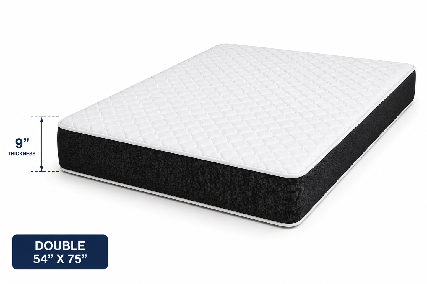 9-inch Memory Gel Foam Mattress Double size (54 × 75 inches) with 2-inch gel memory foam and 7-inch high-density foam.