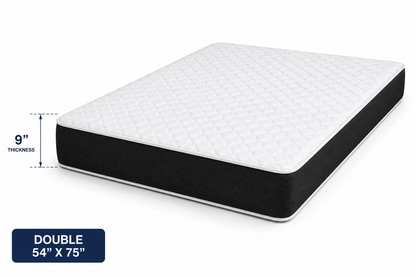9-inch Memory Gel Foam Mattress Double size (54 × 75 inches) with 2-inch gel memory foam and 7-inch high-density foam.