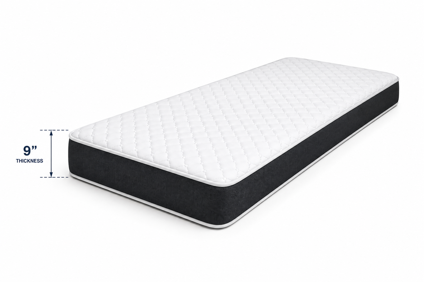 9-inch Memory Gel Foam Mattress standing upright showing mattress thickness with a 2-inch gel memory foam layer and 7-inch high-density foam base.