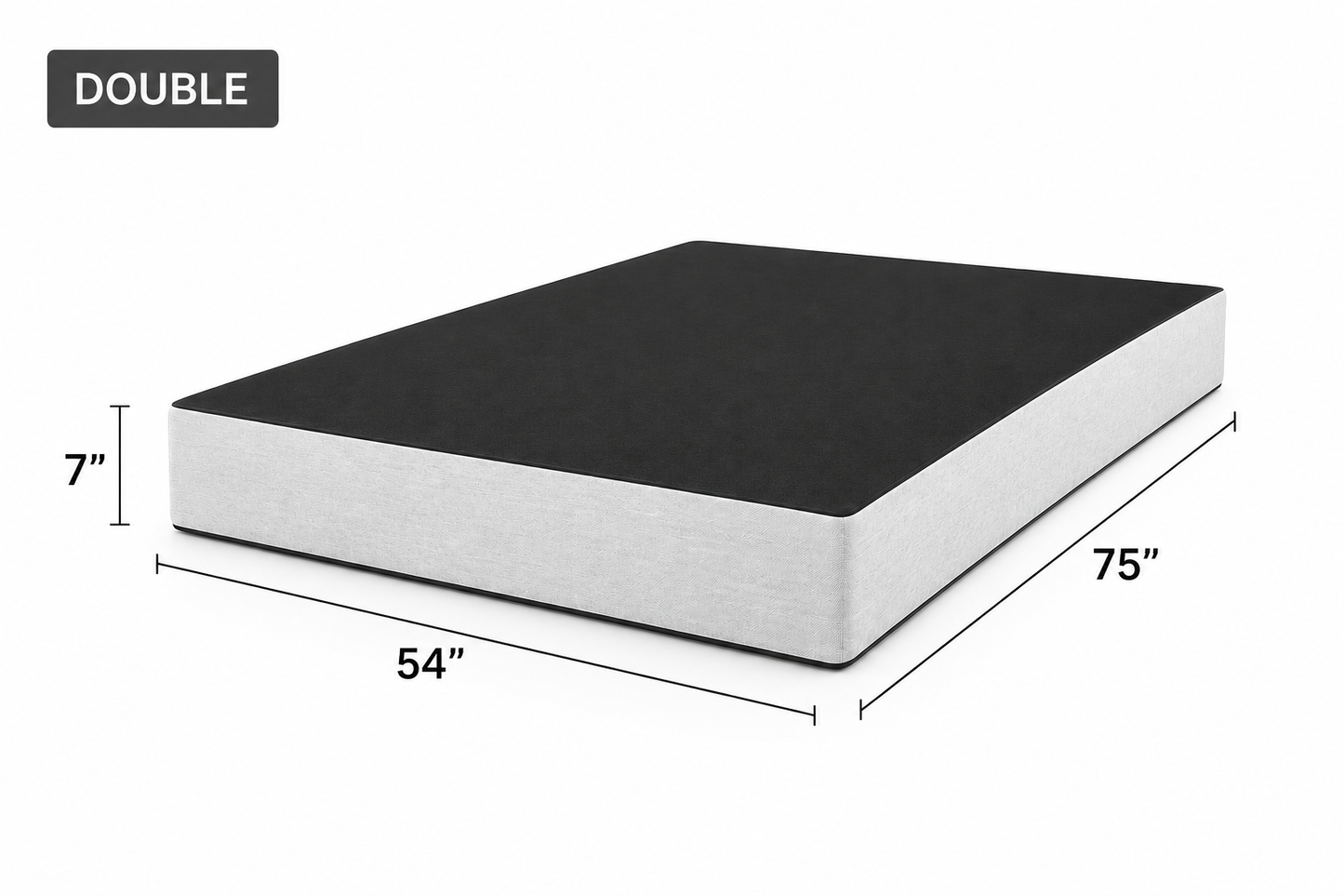 7-inch Premium Box Spring Double size (54 × 75 inches) with durable upholstered fabric.