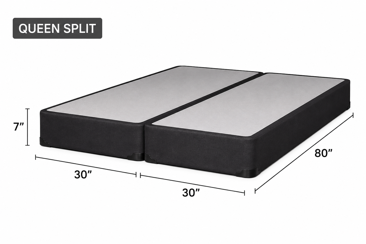 7-inch Premium Queen Split Box Spring (2 pieces, 30 × 80 inches each) with durable upholstered fabric.