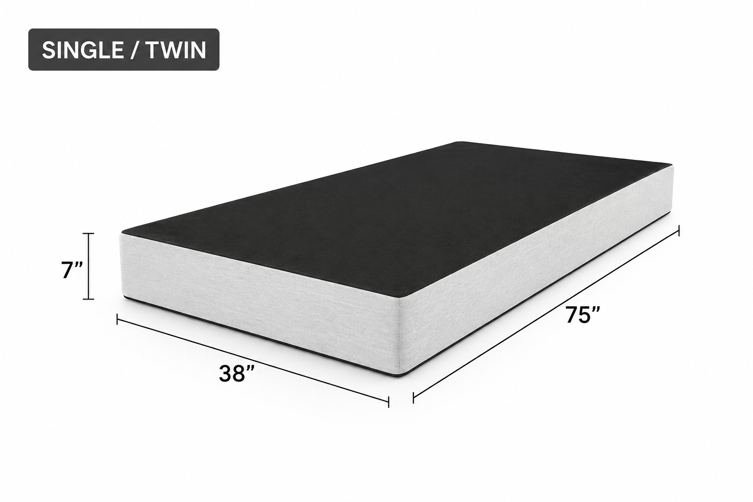 7-inch Premium Box Spring Single/Twin size (38 × 75 inches) with durable upholstered fabric.