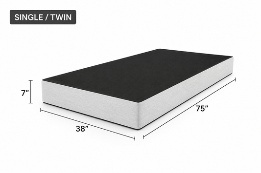 7-inch Premium Box Spring Single/Twin size (38 × 75 inches) with durable upholstered fabric.