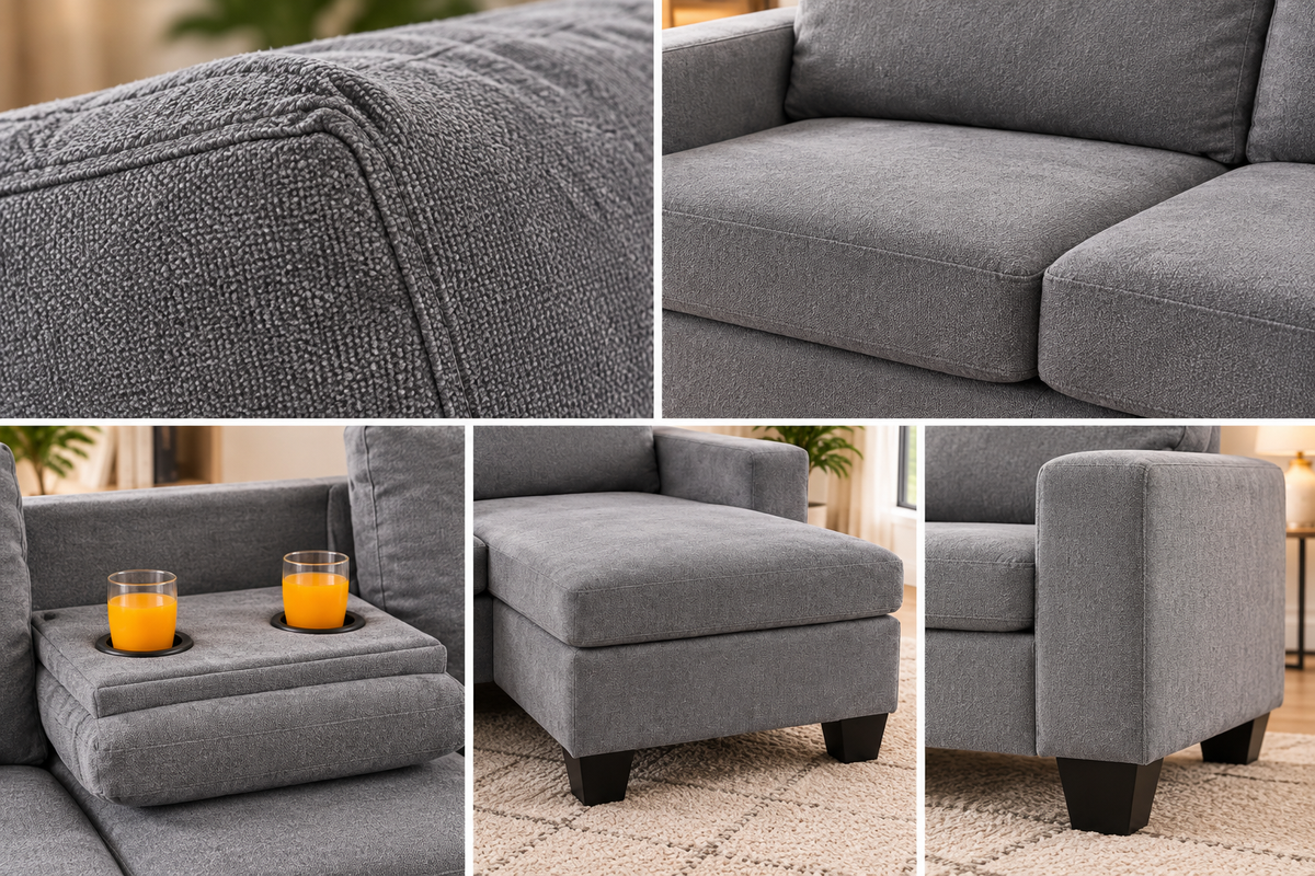 HR9993 Compact Fabric Reversible Sectional Sofa with Drop-Down Console & Cup Holders