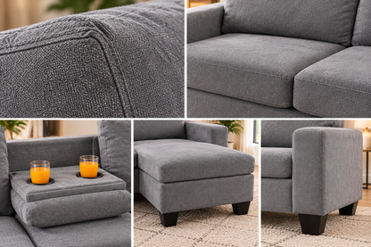 HR9993 Compact Fabric Reversible Sectional Sofa with Drop-Down Console & Cup Holders