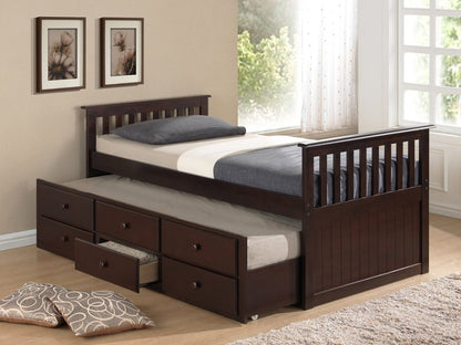 HR2100 Solid Wood Captain's Daybed in Espresso with pull-out trundle and three storage drawers.