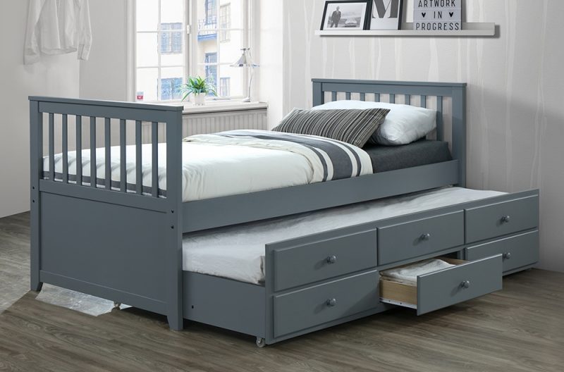 HR2100 Solid Wood Captain's Daybed in Grey with pull-out trundle and three storage drawers.