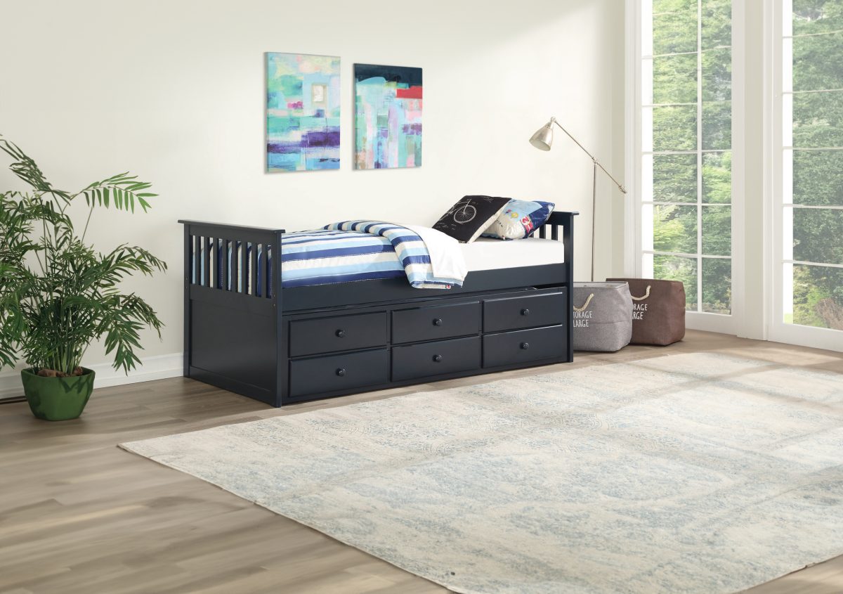 HR2100 Solid Wood Captain's Daybed in Navy Blue with pull-out trundle and three storage drawers.