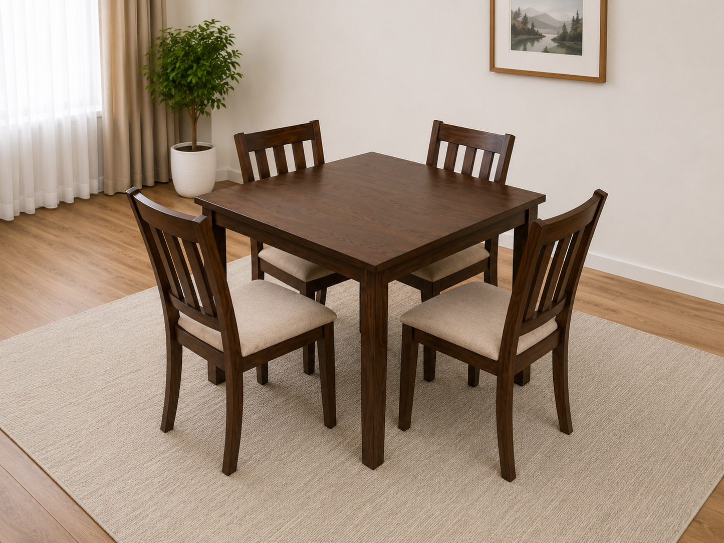 HR006 5-piece solid wood dining table set with four linen fabric chairs in a rich mahogany finish.