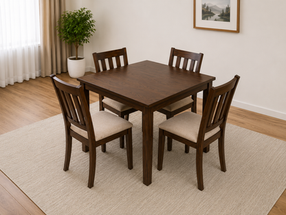 HR006 5-piece solid wood dining table set with four linen fabric chairs in a rich mahogany finish.