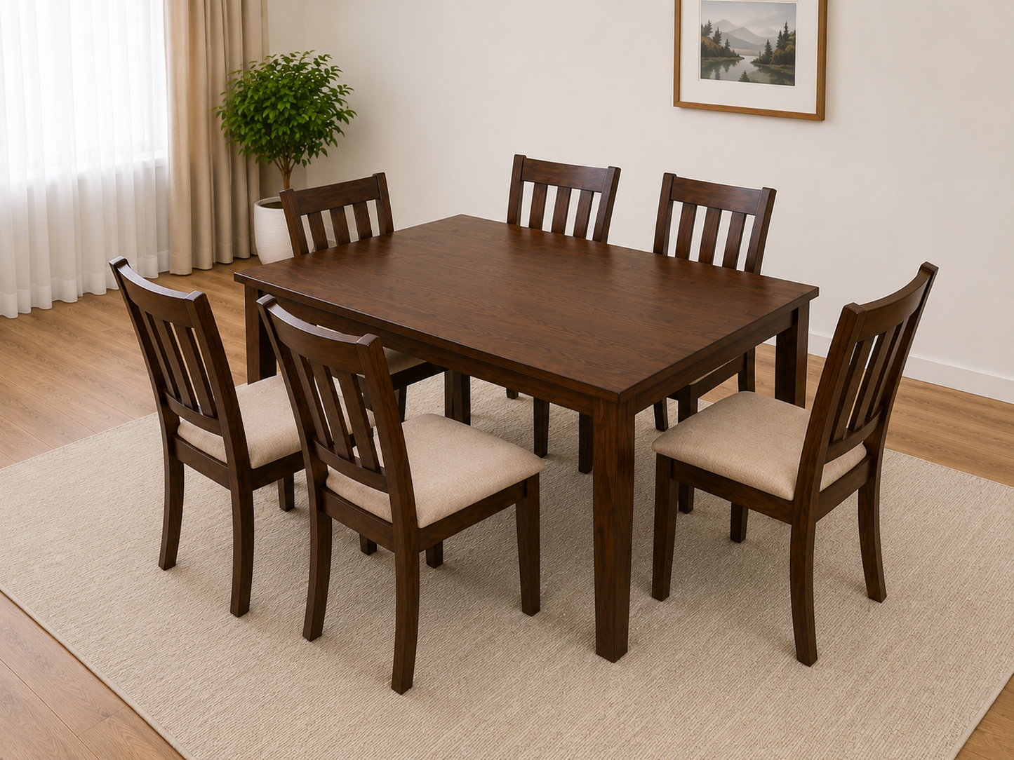 HR006 7-piece solid wood dining table set with six linen fabric chairs in a rich mahogany finish.