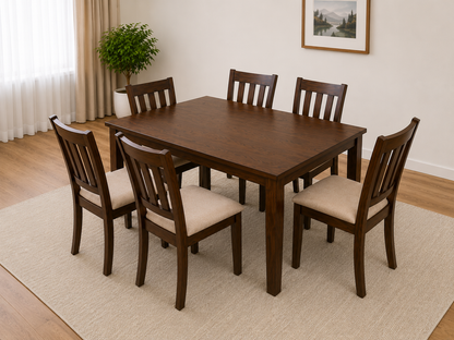 HR006 7-piece solid wood dining table set with six linen fabric chairs in a rich mahogany finish.