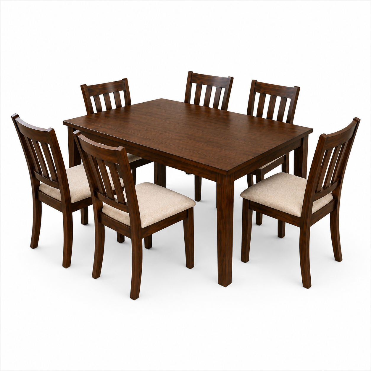 HR006 7-piece solid wood dining table set with six linen fabric chairs in a rich mahogany finish.
