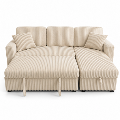 HR10001 Beige Corduroy Pull Out Sectional Sofa Bed with storage chaise and cup holder console.