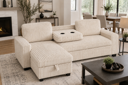 HR10001 Beige Corduroy Pull Out Sectional Sofa Bed with storage chaise and cup holder console.