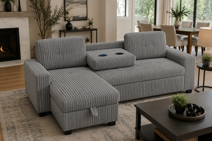 HR10001 Grey Corduroy Pull Out Sectional Sofa Bed with storage chaise and cup holder console.