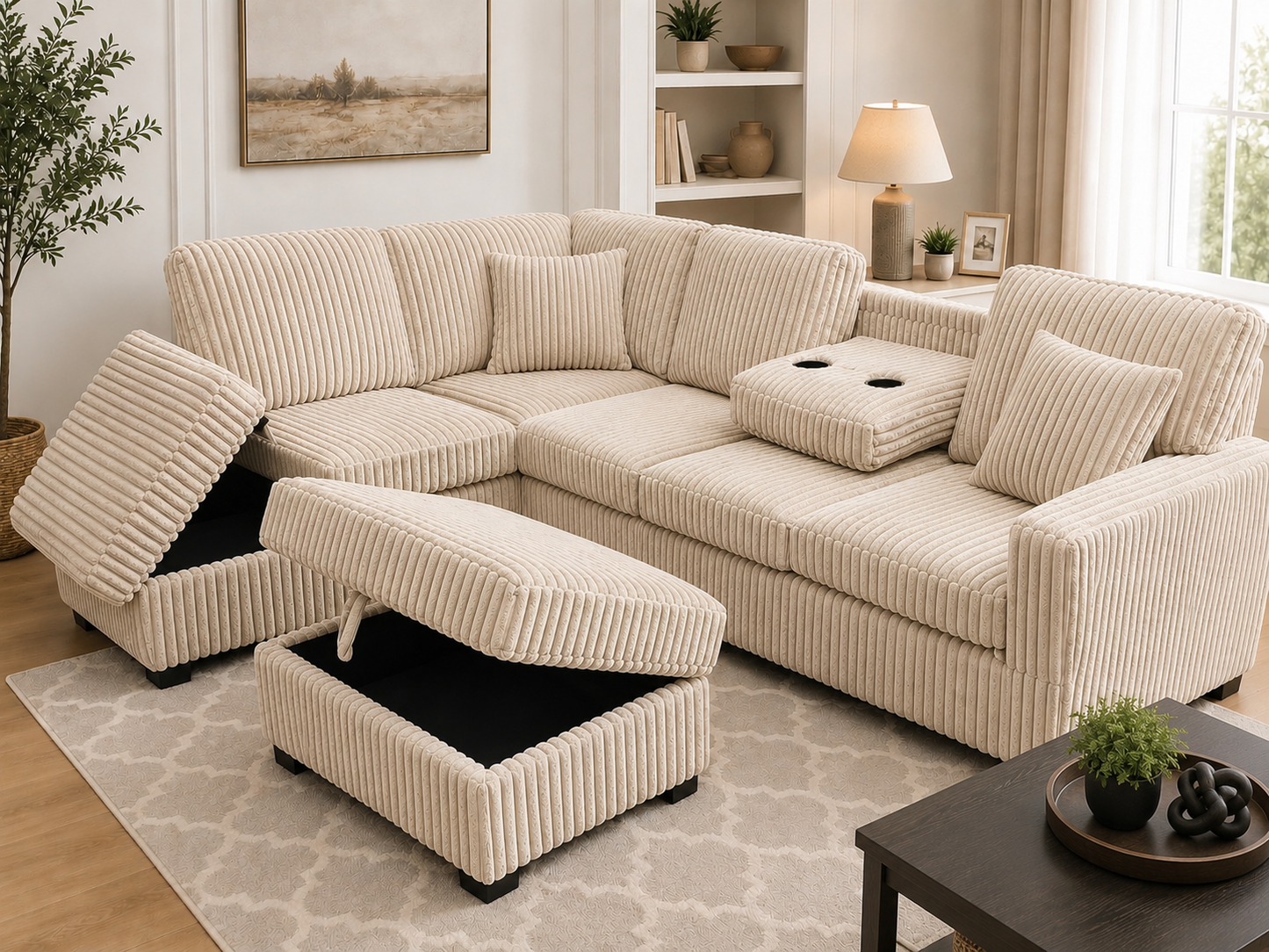 HR10002 Beige Corduroy L-Shaped Sectional Sofa with storage chaise, drop-down tray, and cup holders.
