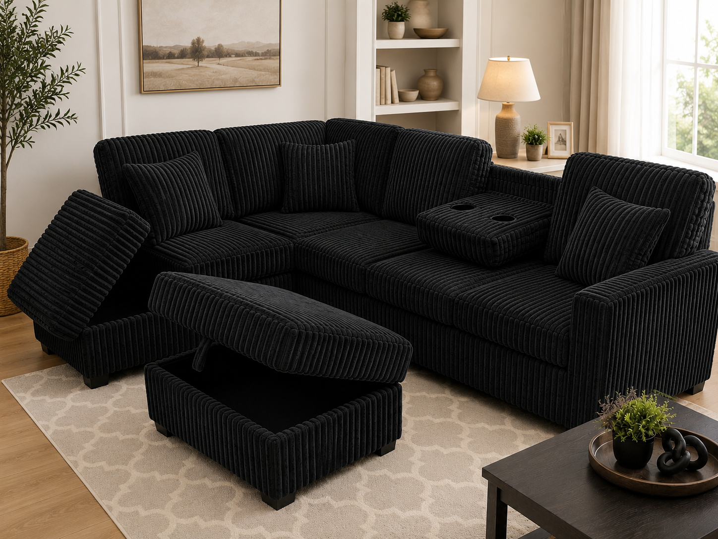 HR10002 Black Corduroy L-Shaped Sectional Sofa with storage chaise, drop-down tray, and cup holders.