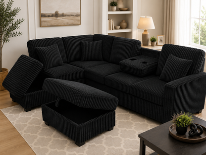 HR10002 Black Corduroy L-Shaped Sectional Sofa with storage chaise, drop-down tray, and cup holders.