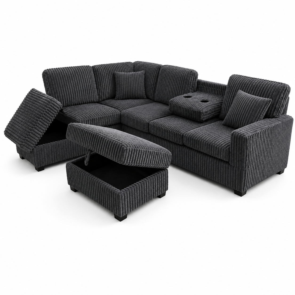 HR10002 Grey Corduroy L-Shaped Sectional Sofa with storage chaise, drop-down tray, and cup holders.