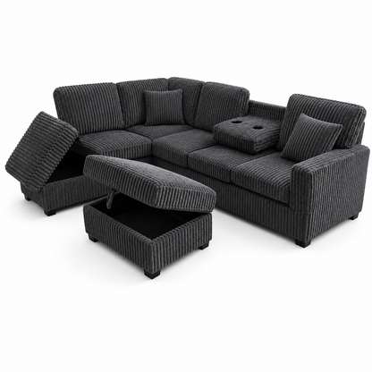 HR10002 Grey Corduroy L-Shaped Sectional Sofa with storage chaise, drop-down tray, and cup holders.
