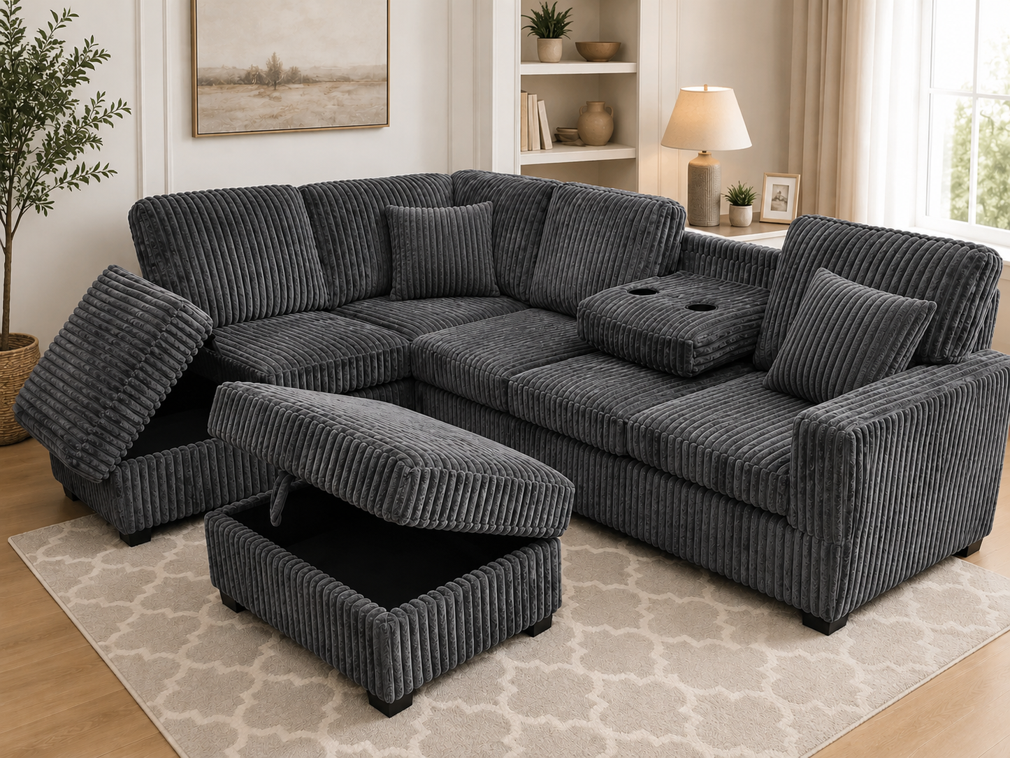 HR10002 Grey Corduroy L-Shaped Sectional Sofa with storage chaise, drop-down tray, and cup holders.