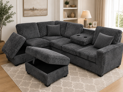 HR10002 Grey Corduroy L-Shaped Sectional Sofa with storage chaise, drop-down tray, and cup holders.
