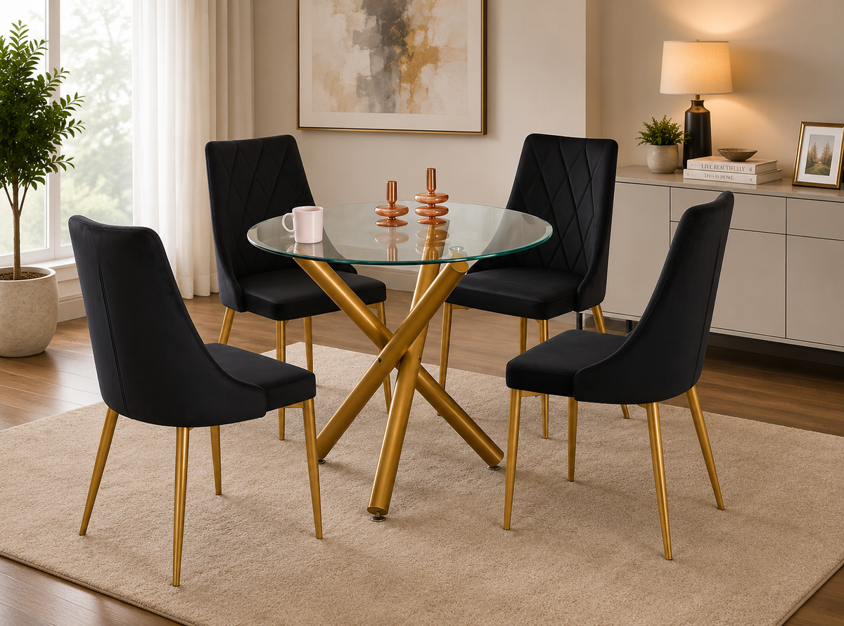 HR10007 Black Round Glass Dining Table Set with 4 Fabric Chairs and Metal Legs.