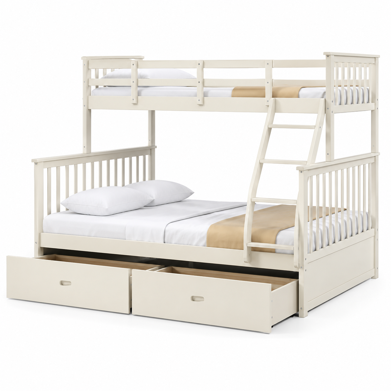 HR20001 White Twin over Full Wood Bunk Bed with built-in storage drawers and convertible design.