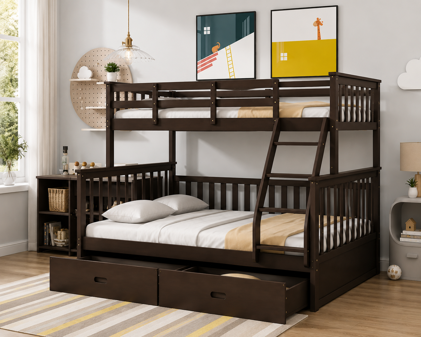 HR20001 Espresso Twin over Full Wood Bunk Bed with built-in storage drawers and convertible design.