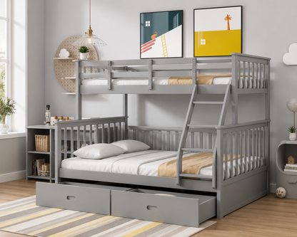 HR20001 Grey Twin over Full Wood Bunk Bed with built-in storage drawers and convertible design.