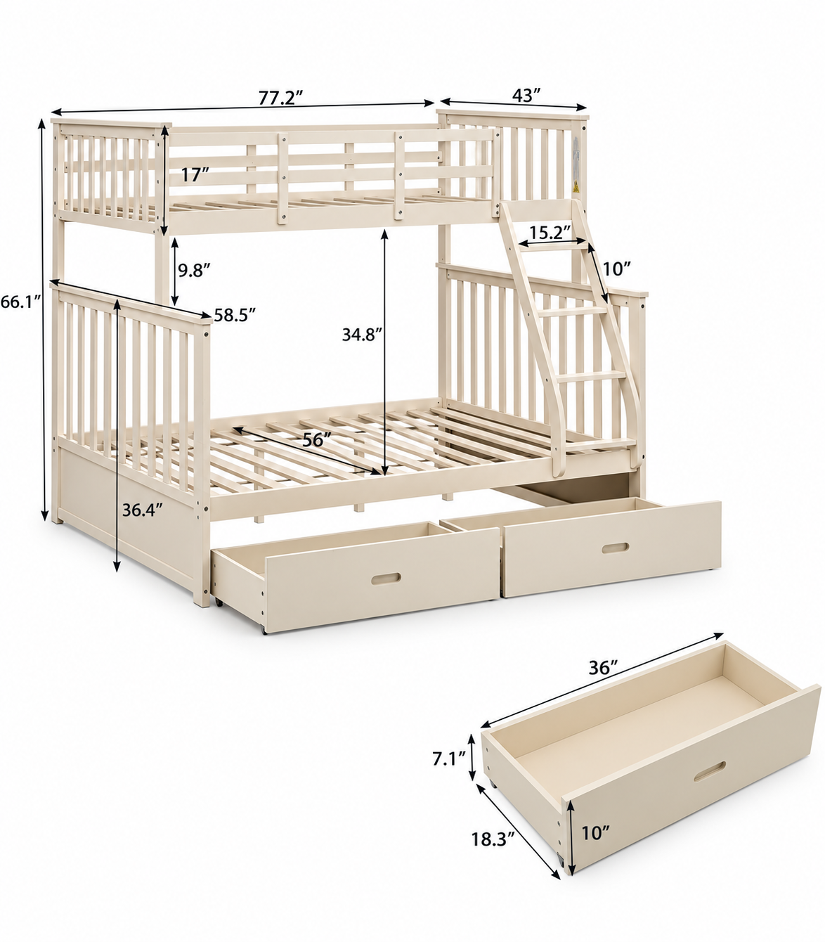 HR20001 Twin over Full Bunk Bed with Storage Drawers